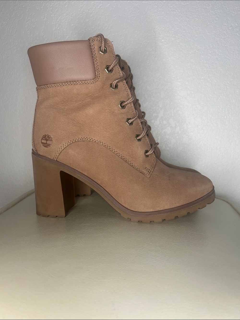 Timberland Tan Lace-Up Block Heel Ankle Boots for Women